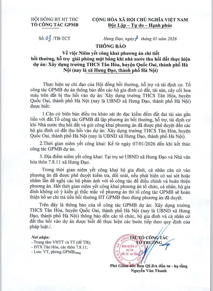 THÔNG BÁO
Về việc Niêm yết công khai phương án chi tiết bồi thường, hỗ trợ giải phóng mặt bằng khi nhà nước thu hồi đất thực hiện dự án: Xây dựng trường THCS Tân Hòa- Ảnh 1.