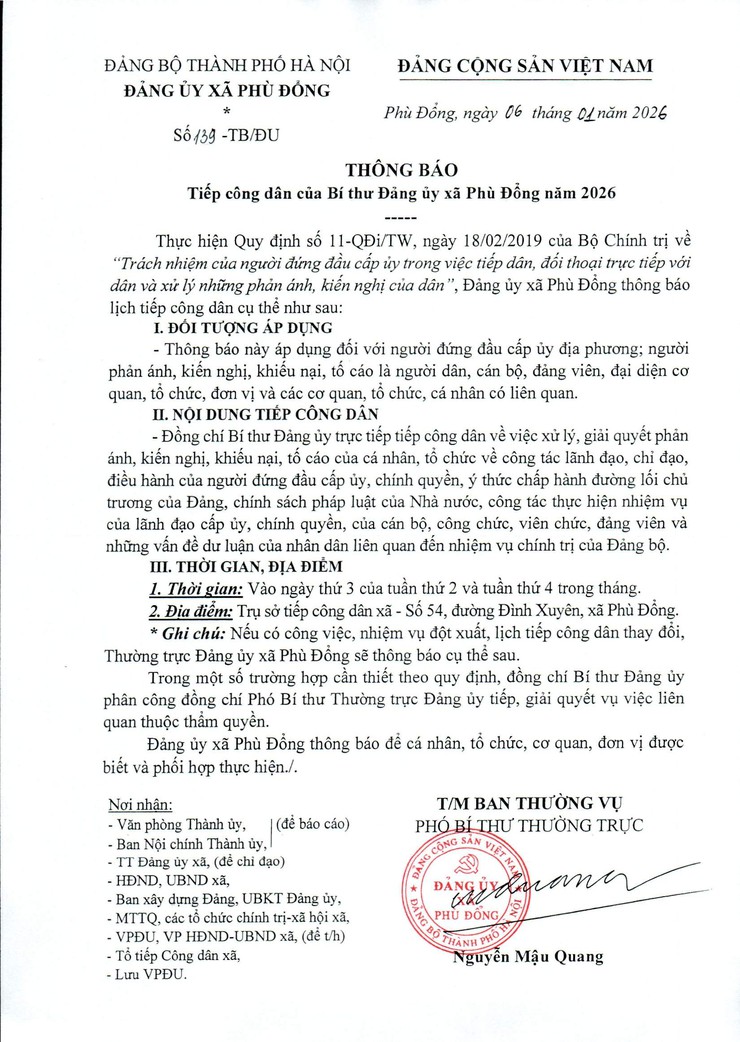 Lịch tiếp công dân của đồng chí Bí thư Đảng ủy xã Phù Đổng năm 2026- Ảnh 1.