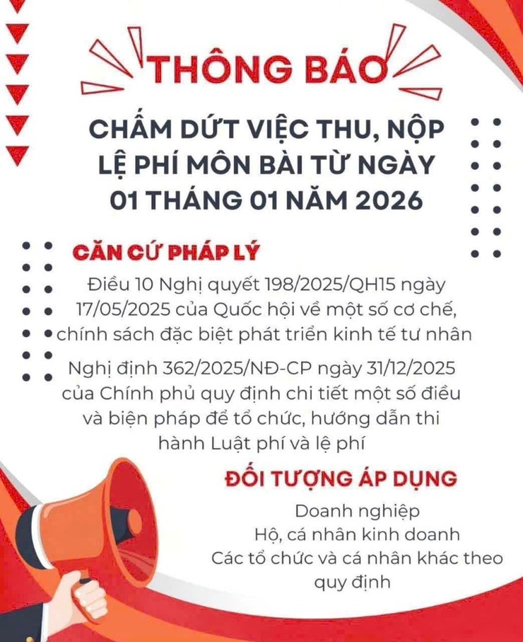 THÔNG BÁO CHẤM DỨT VIỆC THU, NỘP LỆ PHÍ MÔN BÀITỪ NGÀY 01 THÁNG 01 NĂM 2026
- Ảnh 1.