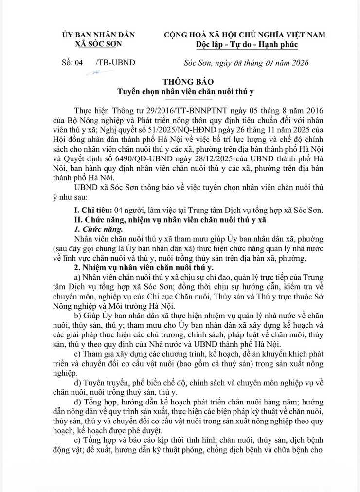 THÔNG BÁO: Tuyển chọn nhân viên chăn nuôi thú y tại xã Sóc Sơn năm 2026- Ảnh 1.
