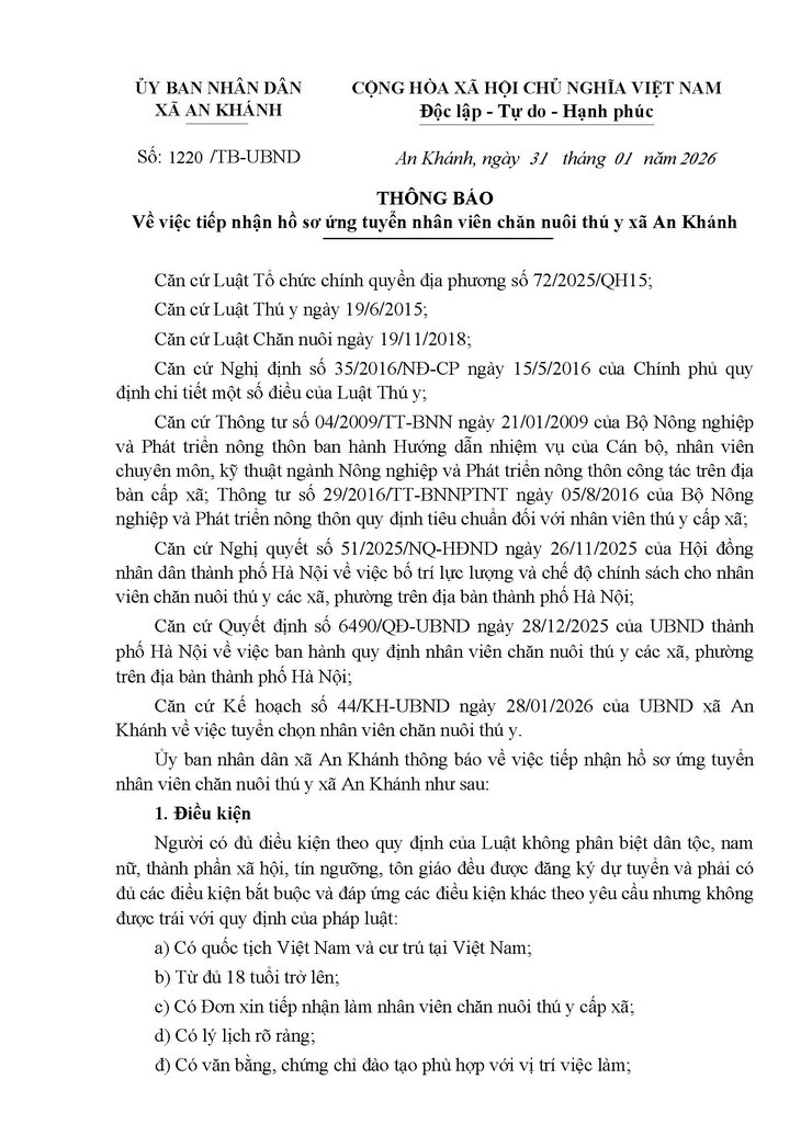 Thông báo: Tiếp nhận hồ sơ ứng tuyển Nhân viên chăn nuôi thú y xã An Khánh- Ảnh 1.