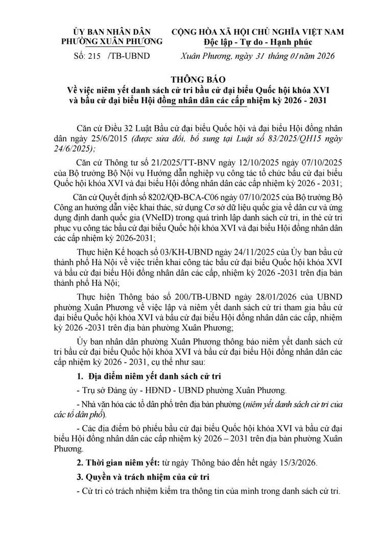 Thông báo 215/TB-UBND của UBND phường Xuân Phương về việc niêm yết danh sách cử tri bầu cử đại biểu Quốc hội khóa XVI và bầu cử đại biểu Hội đồng nhân dân các cấp nhiệm kỳ 2026 - 2031- Ảnh 1.