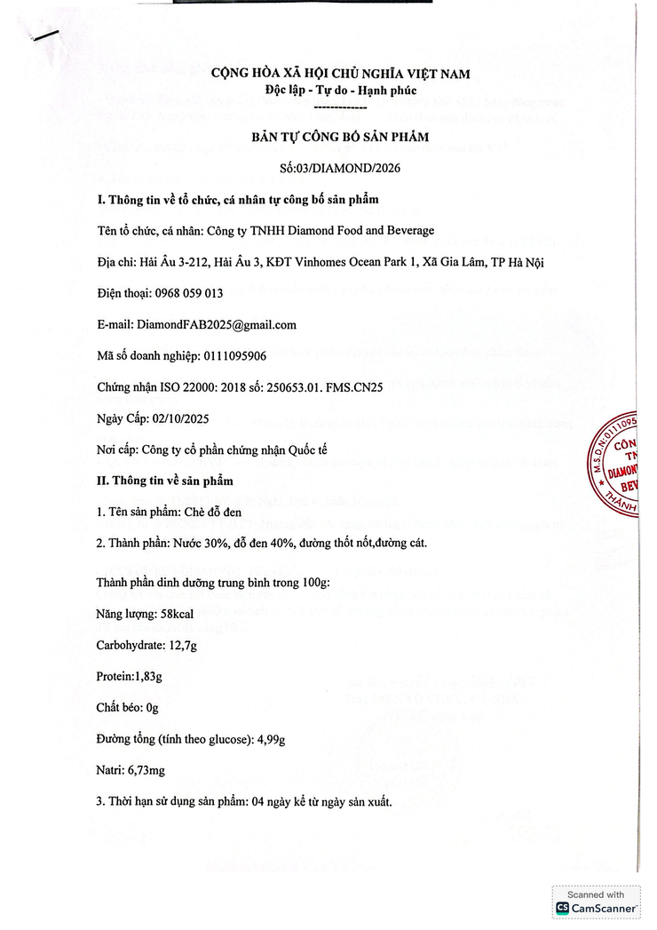 Bản tự công bố sản phẩm Chè đỗ đen- Ảnh 1.