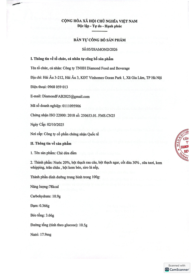 Bản tự công bố sản phẩm Chè dừa dầm- Ảnh 1.
