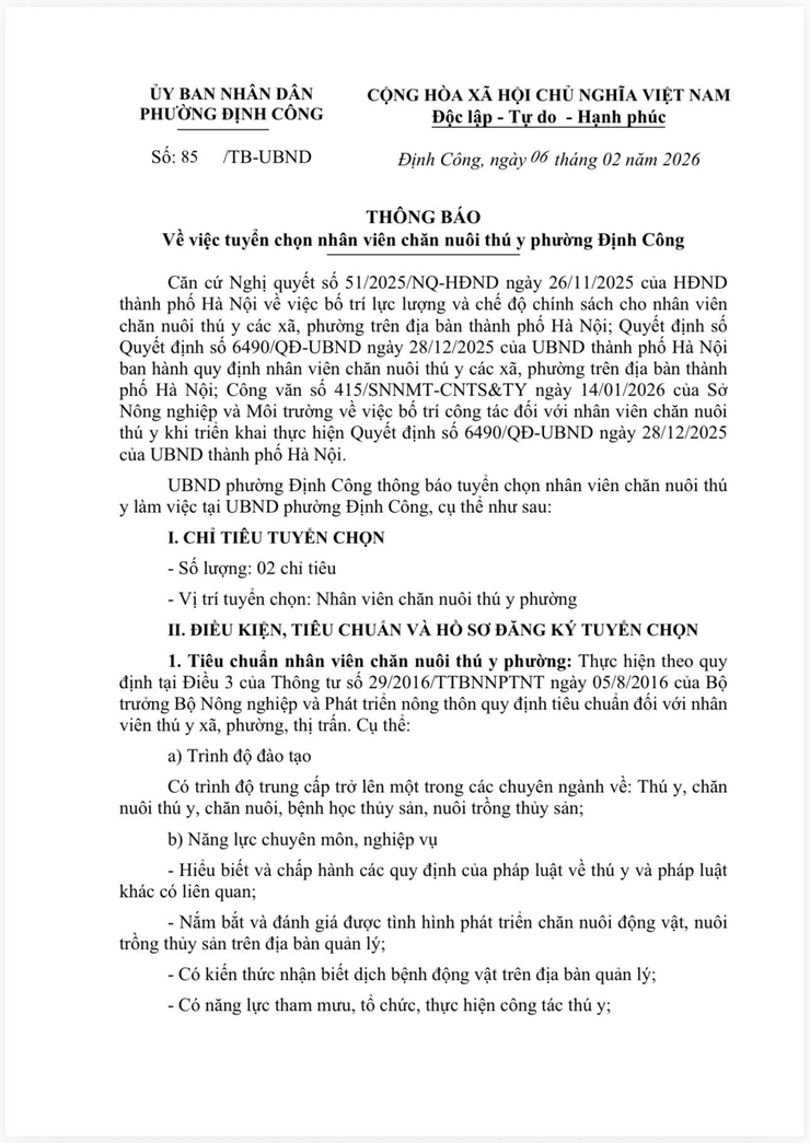 Tuyển chọn nhân viên chăn nuôi thú y phường Định Công- Ảnh 1.