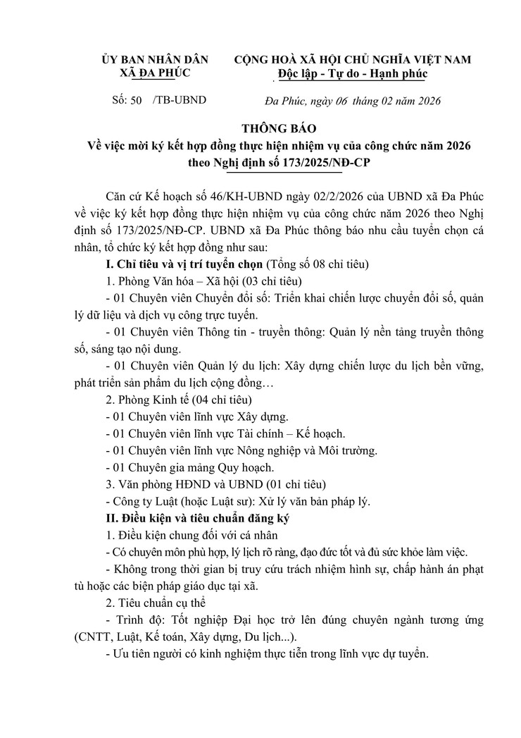 Thông báo về việc mời ký hợp đồng thực hiện nhiệm vụ của công chức năm 2026 theo Nghị định số 173/2025/NĐ-CP- Ảnh 1.