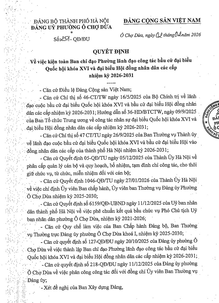 Phường Ô Chợ Dừa kiện toàn Ban chỉ đạo Phường lãnh đạo công tác bầu cử đại biểu Quốc hội khóa XVI và đại biểu Hội đồng nhân dân các cấp nhiệm kỳ 2026-2031- Ảnh 1.