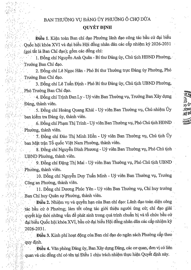 Phường Ô Chợ Dừa kiện toàn Ban chỉ đạo Phường lãnh đạo công tác bầu cử đại biểu Quốc hội khóa XVI và đại biểu Hội đồng nhân dân các cấp nhiệm kỳ 2026-2031- Ảnh 2.