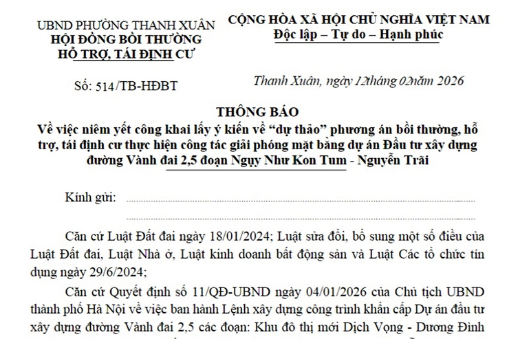 Thông báo công khai lấy ý kiến về “dự thảo” phương án bồi thường, hỗ trợ, tái định cư thực hiện công tác GPMB dự án Đầu tư xây dựng đường Vành đai 2,5- Ảnh 1.