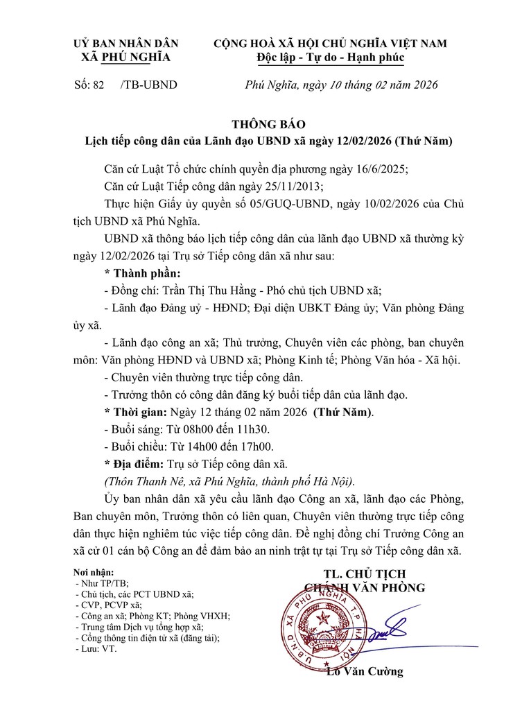 Thông báo lịch tiếp công dân của lãnh đạo Ủy ban nhân dân xã ngày 12/02/2026- Ảnh 1.