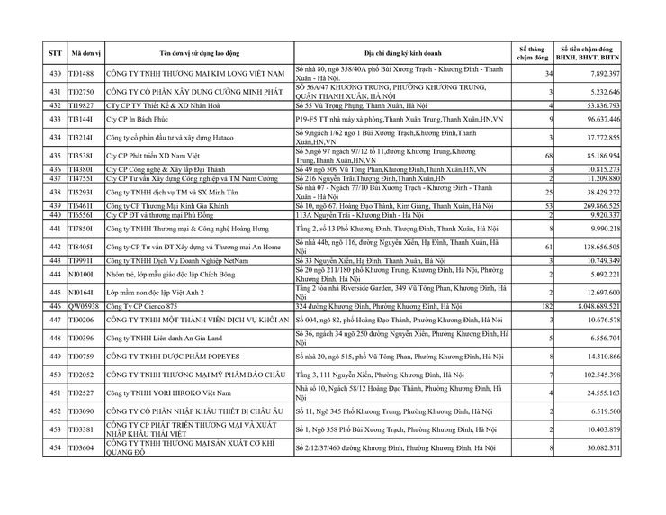 Danh sách các đơn vị sử dụng lao động chậm nộp BHYT BHXH BHTN BHTNLĐ-BNN từ 02 tháng trở lên trên địa bàn phường Khương Đình- Ảnh 18.