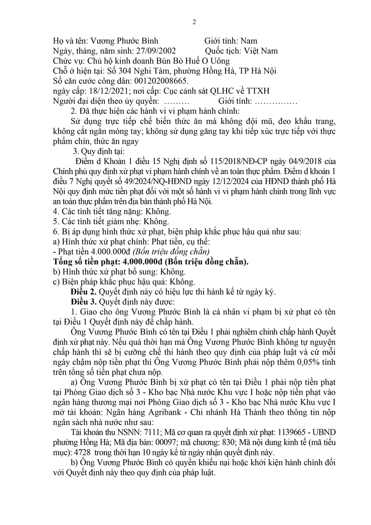 PHƯỜNG HỒNG HÀ: XỬ PHẠT 4 TRIỆU ĐỒNG ĐỐI VỚI HỘ KINH DOANH VI PHẠM QUY ĐỊNH VỀ AN TOÀN THỰC PHẨM- Ảnh 2.