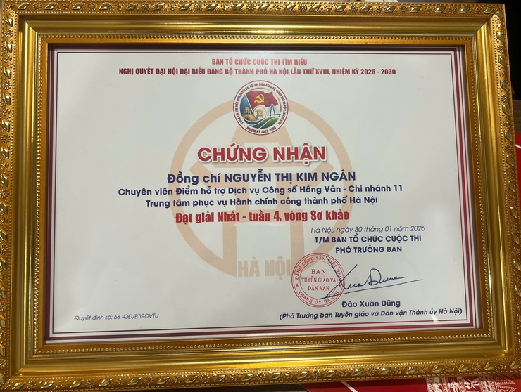 Chuyên viên Điểm hỗ trợ Dịch vụ công số Hồng Vân – Chi Nhánh 11 – đạt giải Nhất tuần 4 Cuộc thi “Tìm hiểu Nghị Quyết Đại hội Đại biểu Đảng bộ Thành phố Hà Nội lần thứ XVIII”- Ảnh 3.