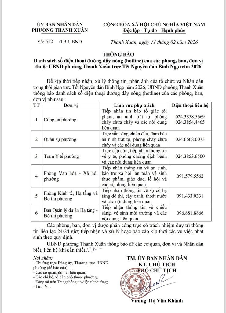 Phường Thanh Xuân thông báo đường dây nóng trực Tết Nguyên đán Bính Ngọ 2026- Ảnh 2.