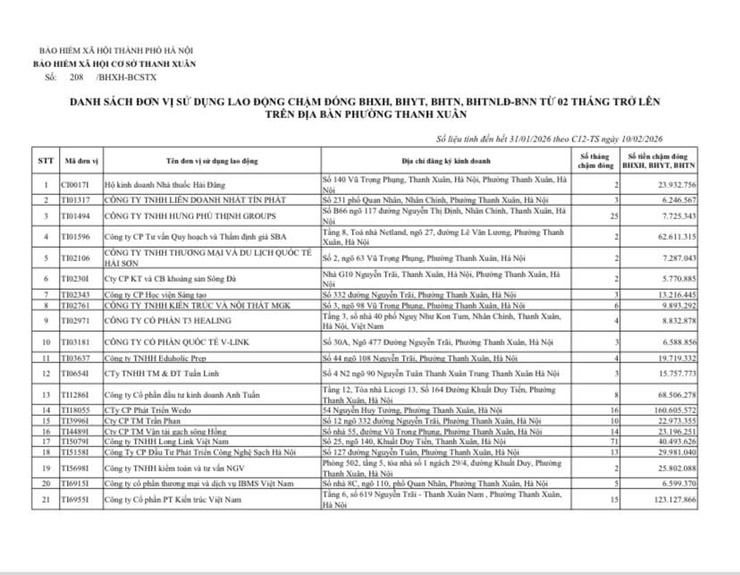 Công khai danh sách các đơn vị chậm đóng BHXH, BHYT, BHTN, BHTNLĐ-BNN từ 02 tháng trở lên trên địa bàn phường Thanh Xuân- Ảnh 2.
