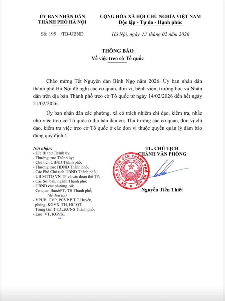 THÔNG BÁO CỦA UBND THÀNH PHỐ HÀ NỘI VỀ VIỆC TREO CỜ TỔ QUỐC CHÀO MỪNG TẾT NGUYÊN ĐÁN BÍNH NGỌ 2026- Ảnh 1.