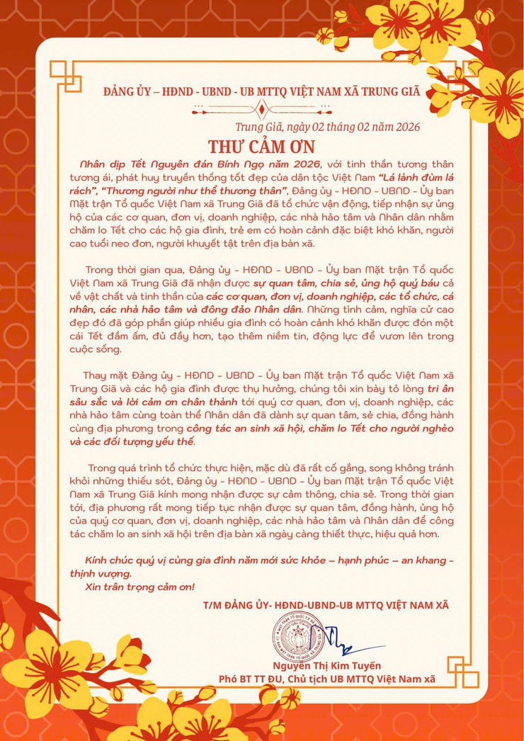 Đảng uỷ- HĐND-UBND- Uỷ ban Mặt trận Tổ quốc  Việt Nam xã Trung Giã trân trọng gửi Thư cảm ơn tri ân- Ảnh 1.