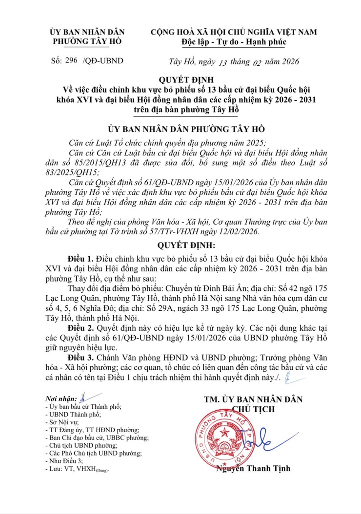 Thông báo về việc điều chỉnh địa điểm bỏ phiếu bầu cử Đại biểu Quốc hội và HĐND các cấp, nhiệm kỳ 2026 - 2031- Ảnh 1.