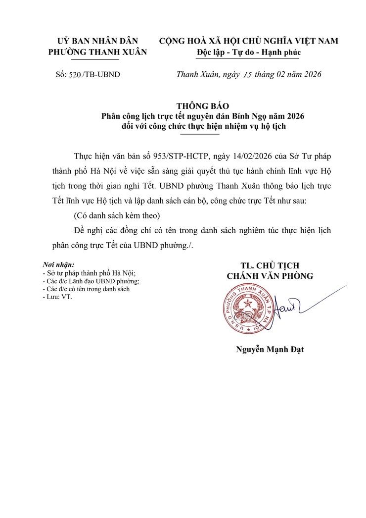 Thông báo phân công lịch trực Tết Nguyên đán Bính Ngọ 2026 đối với công chức thực hiện nhiệm vụ hộ tịch- Ảnh 1.