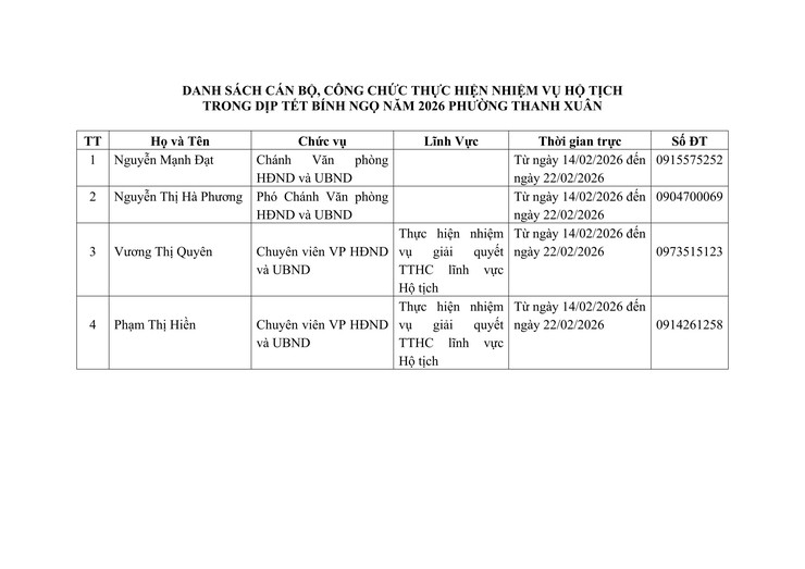 Thông báo phân công lịch trực Tết Nguyên đán Bính Ngọ 2026 đối với công chức thực hiện nhiệm vụ hộ tịch- Ảnh 2.
