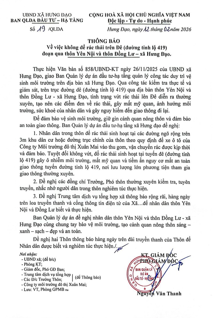 THÔNG BÁO
Về việc không để rác thải trên Đê (đường tỉnh lộ 419) đoạn qua thôn Yên Nội và thôn Đồng Lư - xã Hưng Đạo- Ảnh 1.