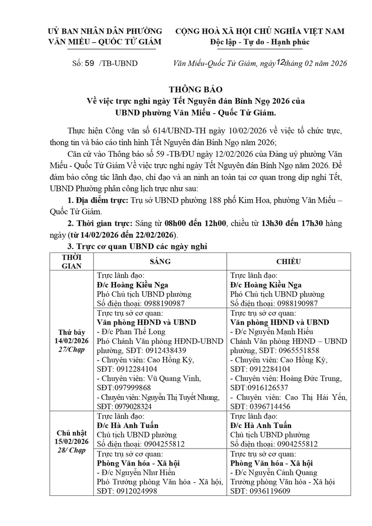 Phường Văn Miếu – Quốc Tử Giám chủ động triển khai công tác trực Tết Nguyên đán Bính Ngọ 2026 bảo đảm tình hình an ninh trật tự xã hội- Ảnh 1.