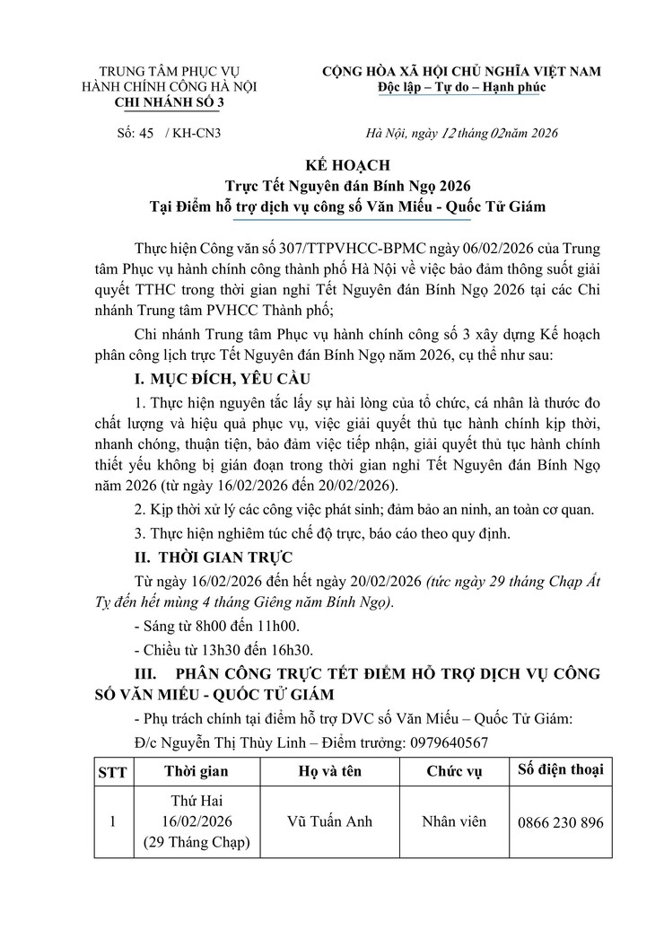 Kế hoạch Trực Tết Nguyên đán Bính Ngọ 2026
Tại Điểm hỗ trợ dịch vụ công số Văn Miếu - Quốc Tử Giám (202 Xã Đàn)- Ảnh 1.