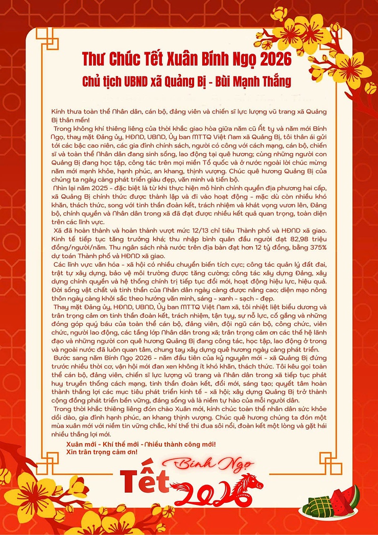 Thư Tết Xuân Bính Ngọ của Chủ tịch UBND xã Quảng Bị- Ảnh 1.