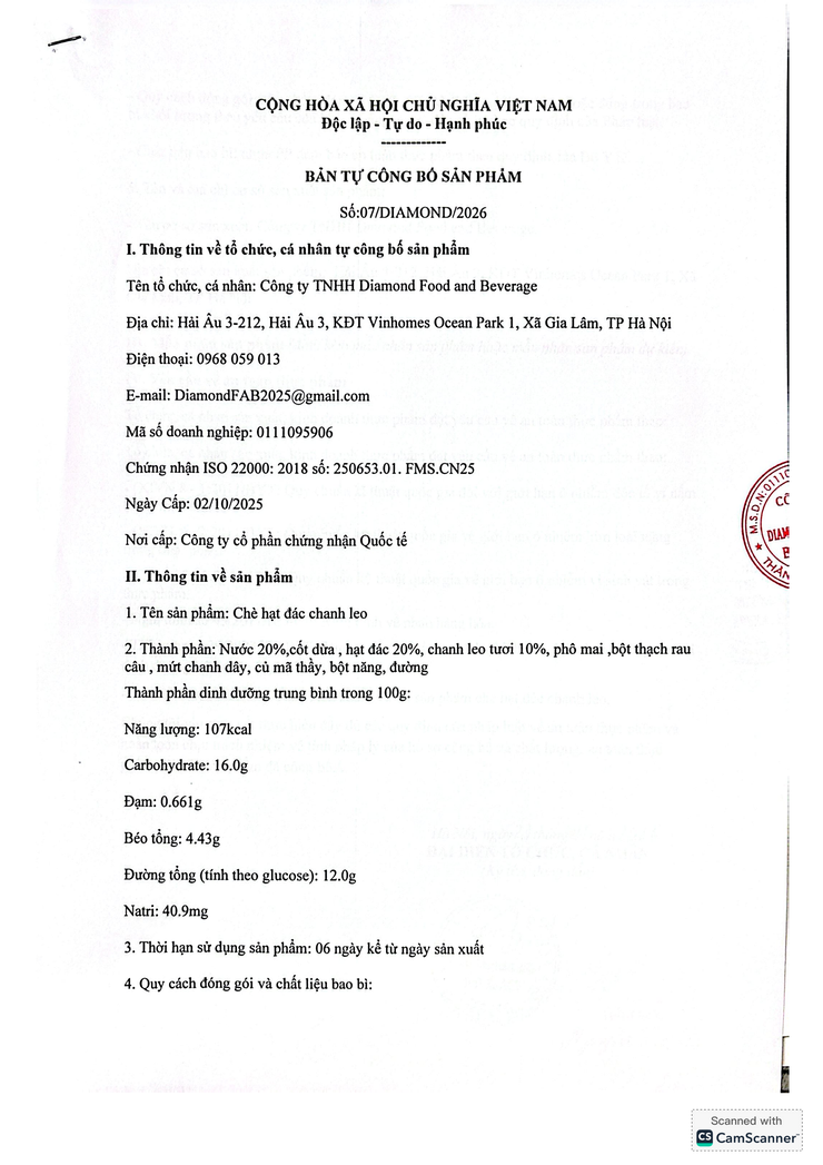 Bản tự công bố sản phẩm Chè hạt đác chanh leo- Ảnh 1.
