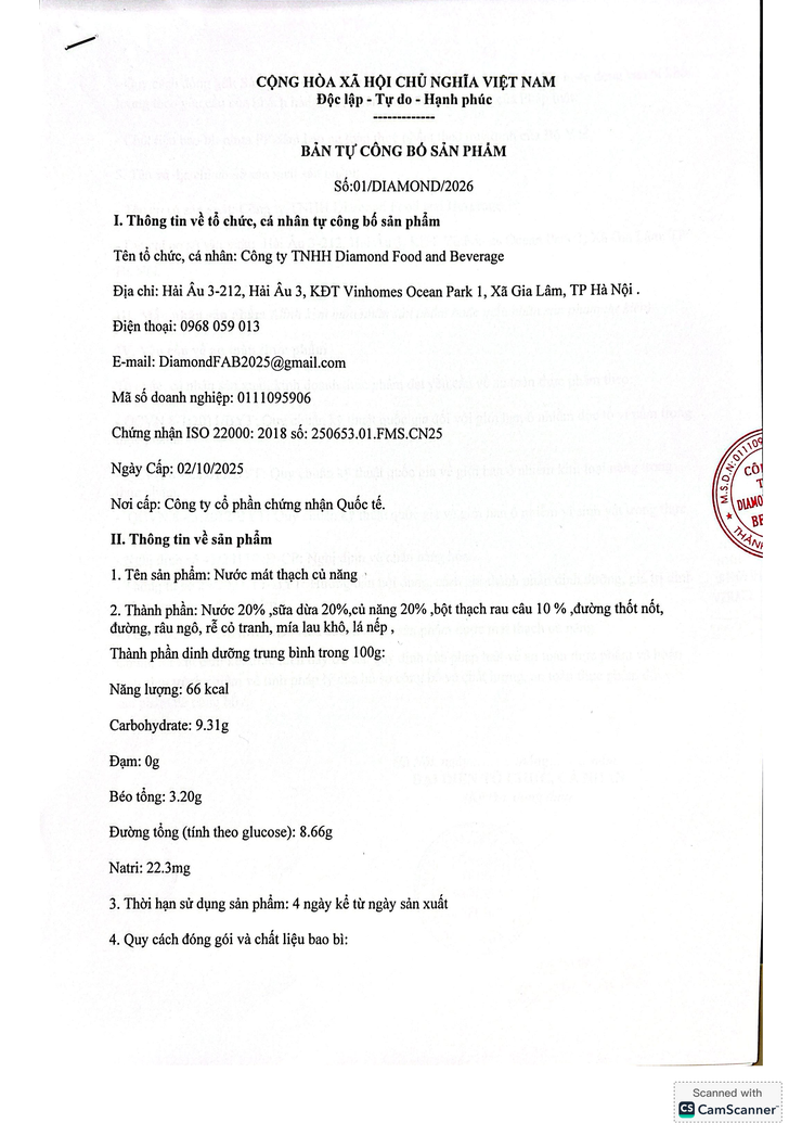 Bản tự công bố sản phẩm Nước mát thạch củ năng- Ảnh 1.