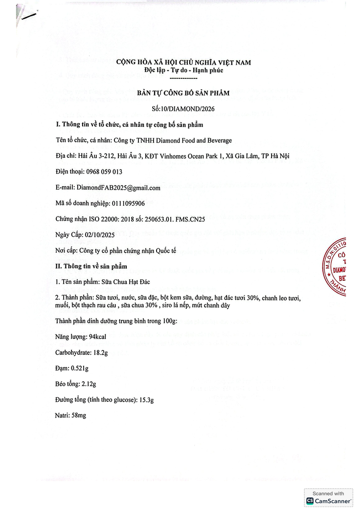 Bản tự công bố sản phẩm Sữa chua hạt đác- Ảnh 1.