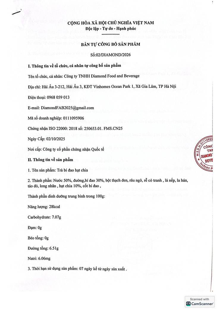 Bản tự công bố sản phẩm Trà Bí đao hạt chia- Ảnh 1.