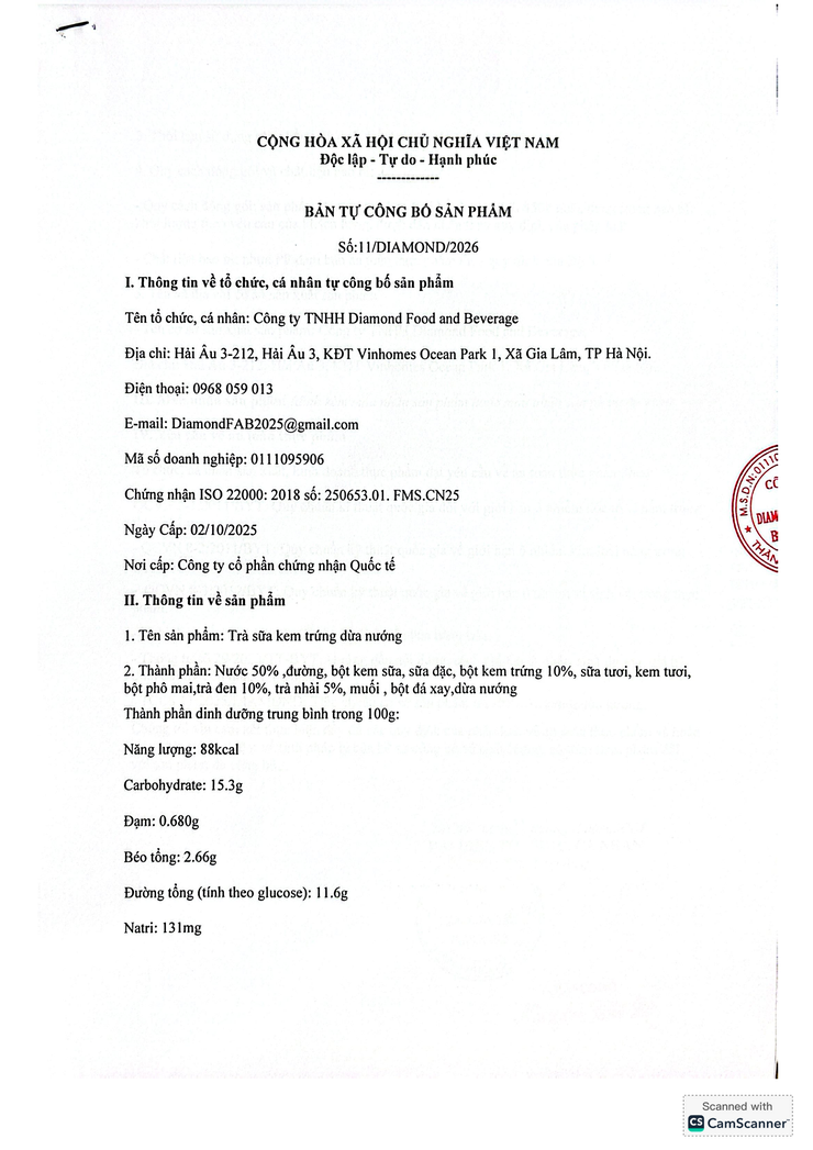 Bản tự công bố sản phẩm Trà sữa kem trứng dừa nướng- Ảnh 1.