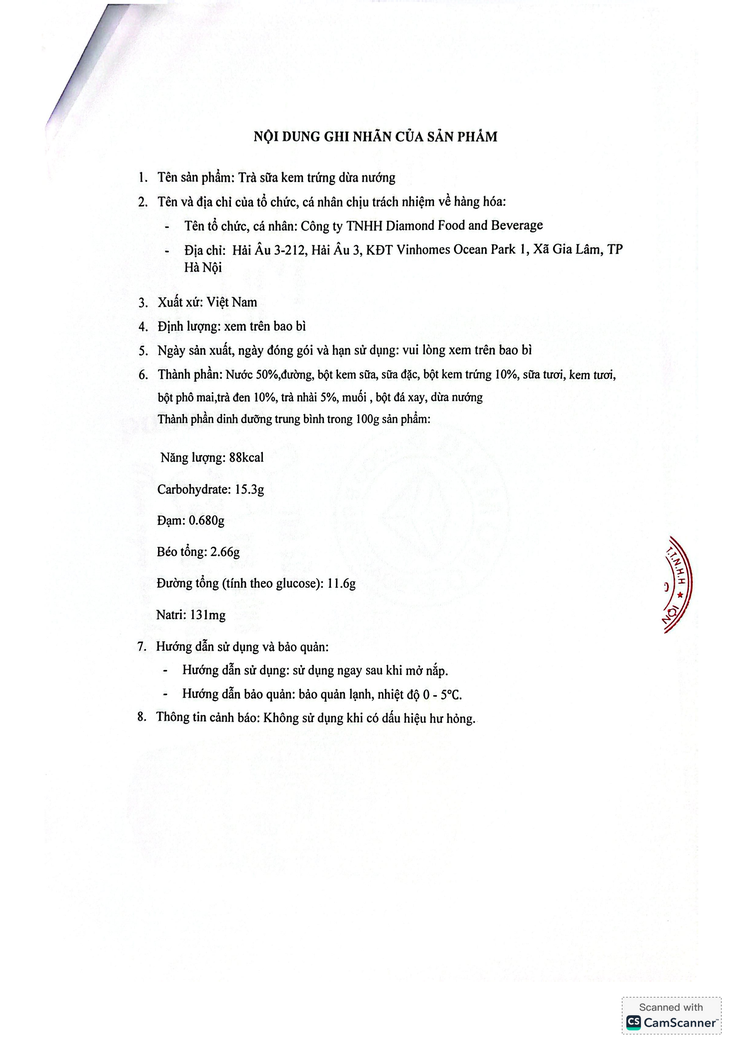 Bản tự công bố sản phẩm Trà sữa kem trứng dừa nướng- Ảnh 3.