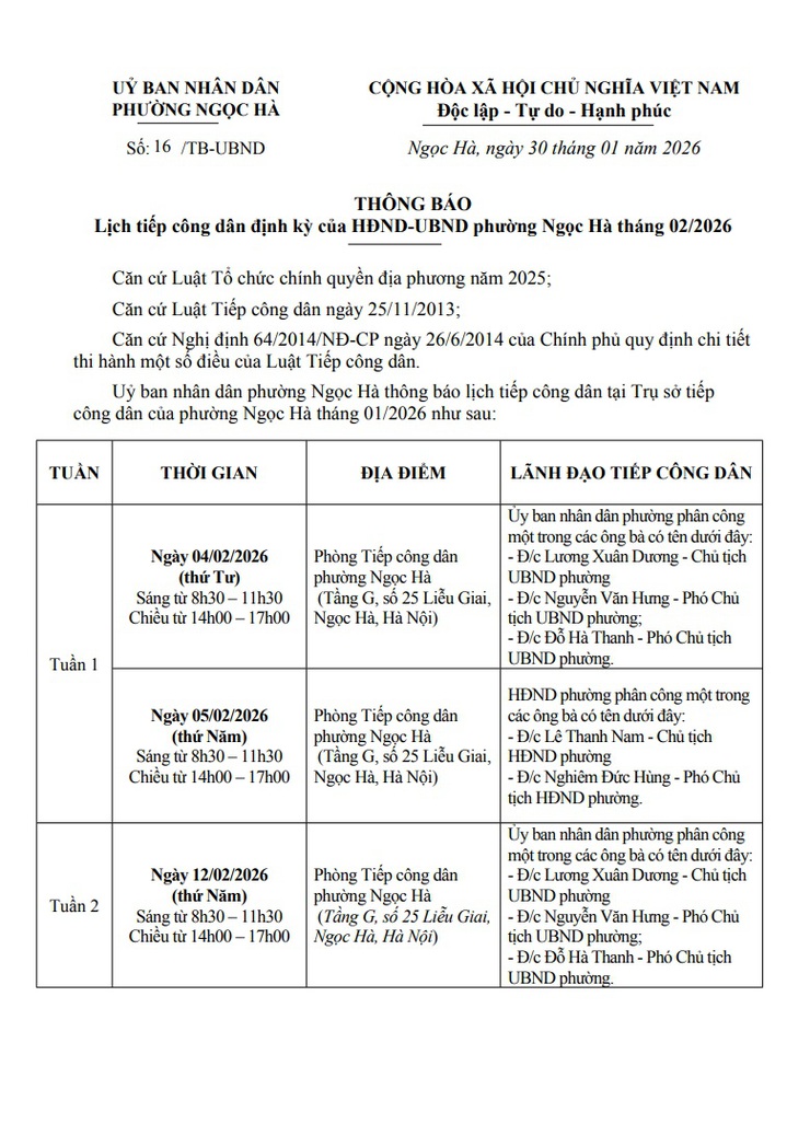 Lịch tiếp công dân định kỳ của HĐND-UBND phường Ngọc Hà tháng 2/2026- Ảnh 1.
