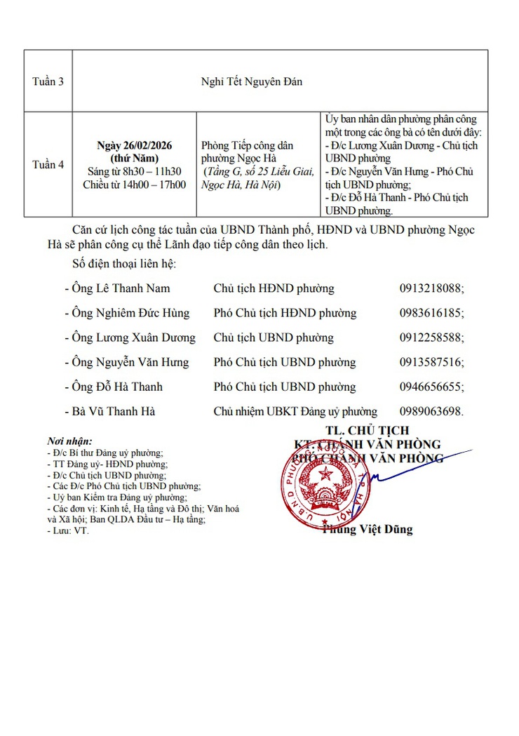 Lịch tiếp công dân định kỳ của HĐND-UBND phường Ngọc Hà tháng 2/2026- Ảnh 2.