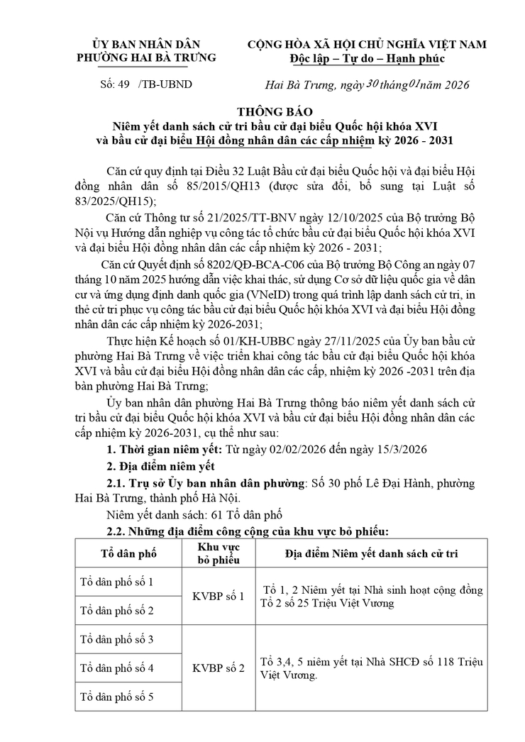 Phường Hai Bà Trưng: Niêm yết danh sách cử tri bầu cử đại biểu Quốc hội khóa XVI và bầu cử đại biểu Hội đồng nhân dân các cấp nhiệm kỳ 2026 - 2031.- Ảnh 1.