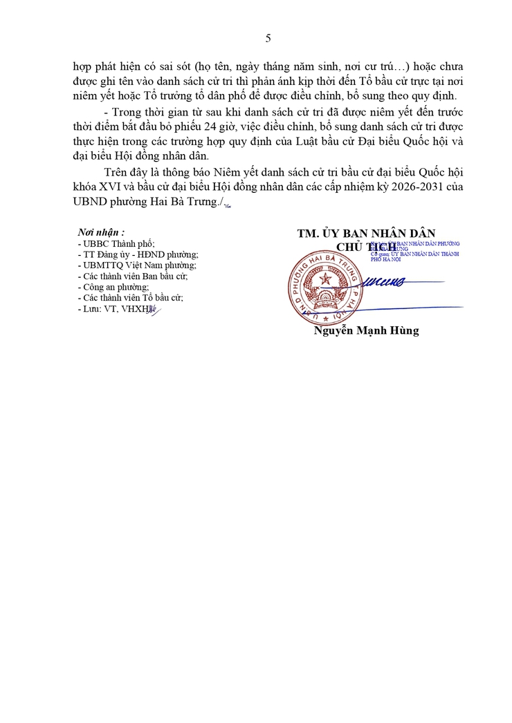 Phường Hai Bà Trưng: Niêm yết danh sách cử tri bầu cử đại biểu Quốc hội khóa XVI và bầu cử đại biểu Hội đồng nhân dân các cấp nhiệm kỳ 2026 - 2031.- Ảnh 5.