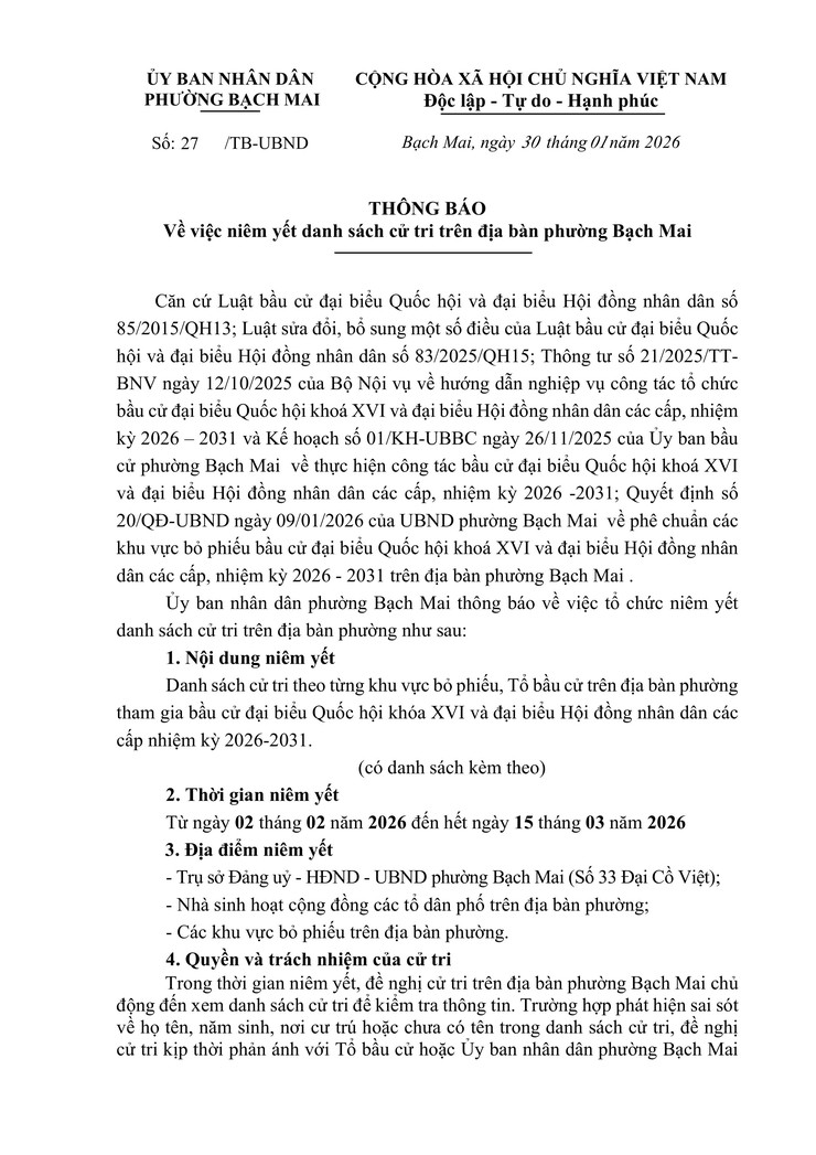 Thông báo niêm yết danh sách cử tri trên địa bàn phường Bạch Mai- Ảnh 1.