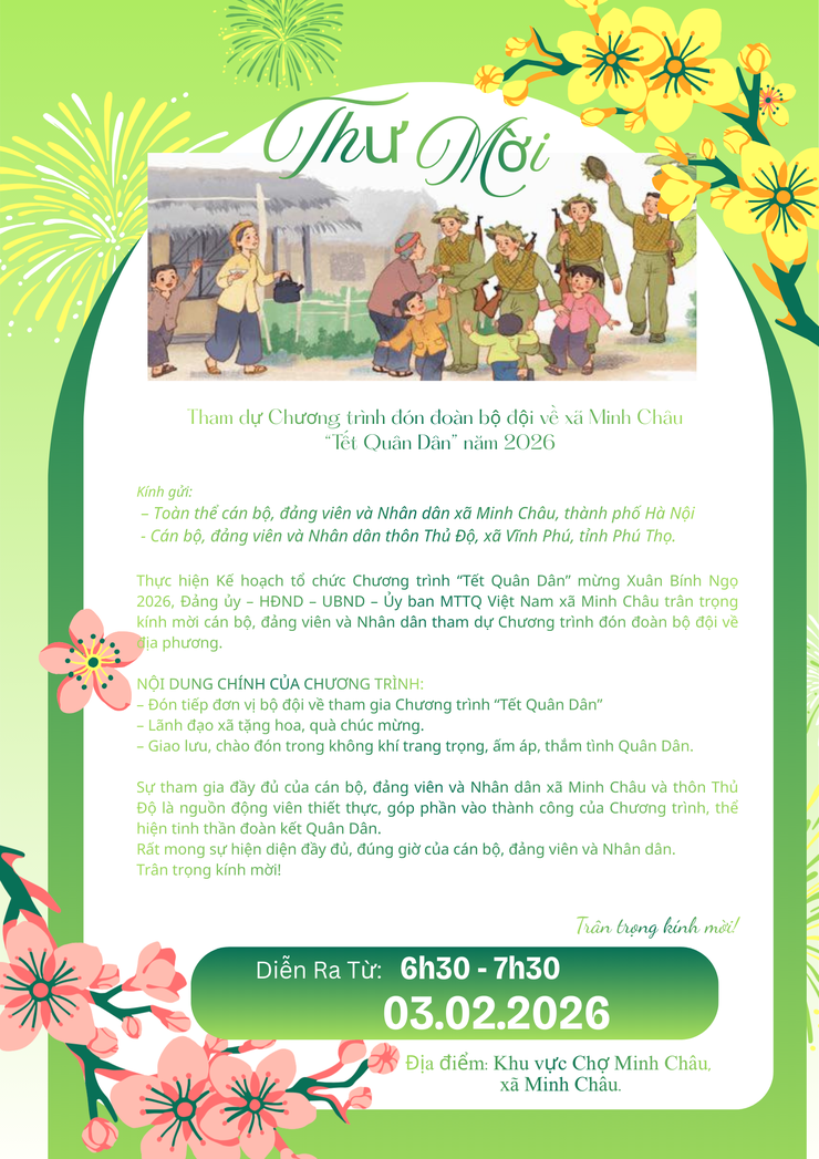 Thư mời tham dự Chương trình đón đoàn bộ đội về xã Minh Châu Chương trình “Tết Quân Dân” năm 2026- Ảnh 1.