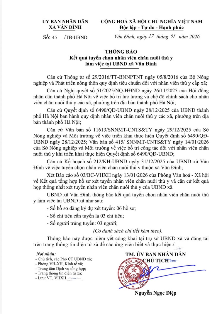 Thông báo kết quả tuyển chọn nhân viên chăn nuôi thú y
làm việc tại UBND xã Vân Đình- Ảnh 1.