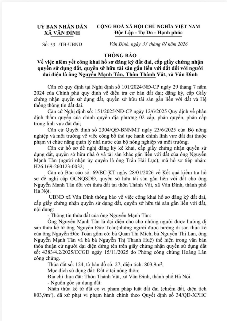 Thông báo về việc niêm yết công khai hồ sơ đăng ký đất đai, cấp giấy chứng nhận quyền sử dụng đất, quyền sở hữu tài sản gắn liền với đất đối với người đại diện là ông Nguyễn Mạnh Tân, Thôn Thành Vật, xã Vân Đình- Ảnh 1.