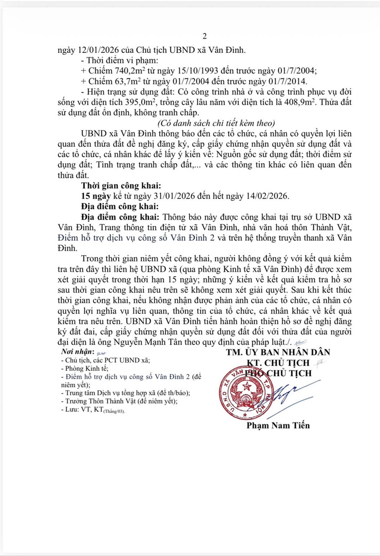 Thông báo về việc niêm yết công khai hồ sơ đăng ký đất đai, cấp giấy chứng nhận quyền sử dụng đất, quyền sở hữu tài sản gắn liền với đất đối với người đại diện là ông Nguyễn Mạnh Tân, Thôn Thành Vật, xã Vân Đình- Ảnh 2.