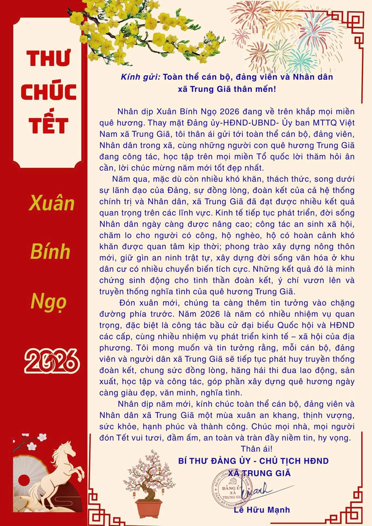 THƯ CHÚC TẾT CỦA ĐỒNG CHÍ BÍ THƯ ĐẢNG ỦY, CHỦ TỊCH HĐND XÃ TRUNG GIÃ NHÂN DỊP NĂM MỚI 2026- Ảnh 1.