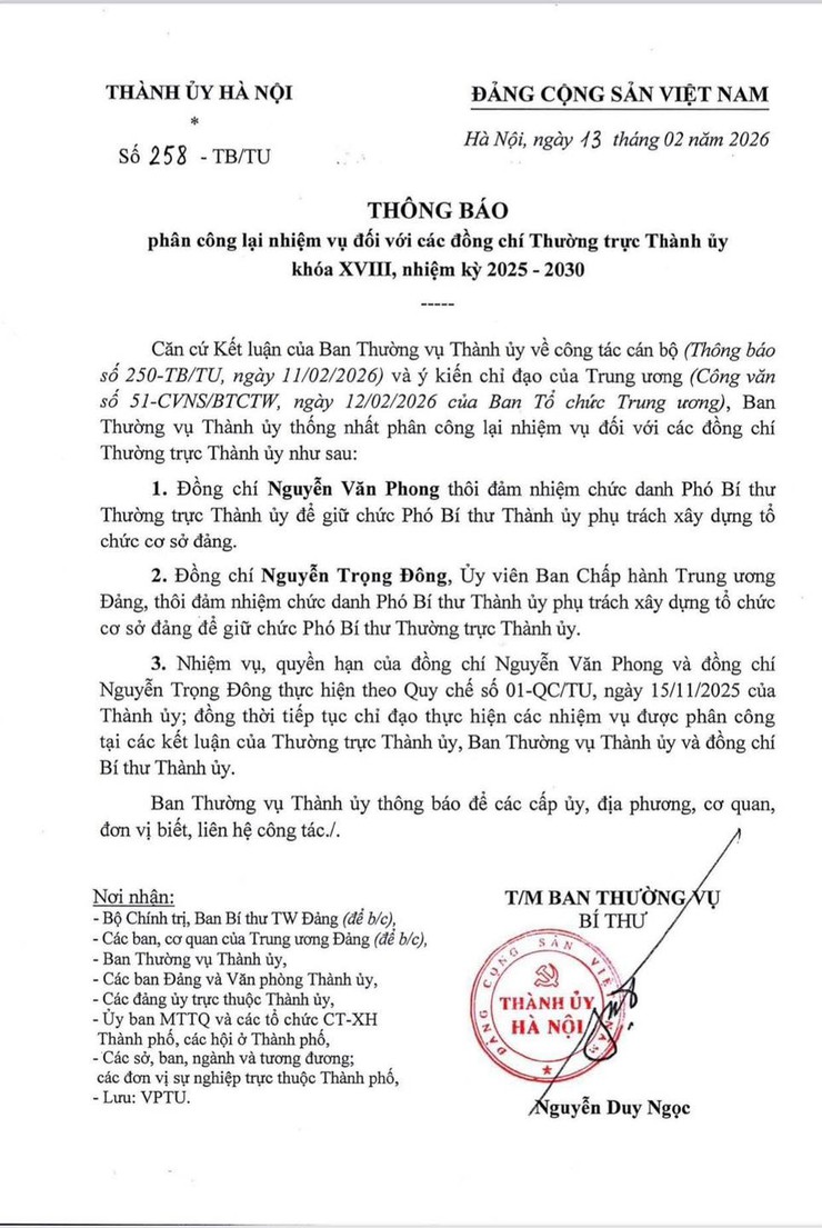 HÀ NỘI THÔNG BÁO PHÂN CÔNG LẠI NHIỆM VỤ ĐỐI VỚI CÁC ĐỒNG CHÍ THƯỜNG TRỰC THÀNH ỦY KHÓA XVIII- Ảnh 1.