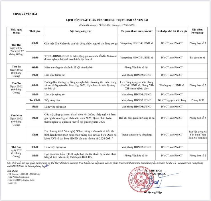LỊCH CÔNG TÁC TUẦN CỦA THƯỜNG TRỰC UBND XÃ YÊN BÀI- Ảnh 1.