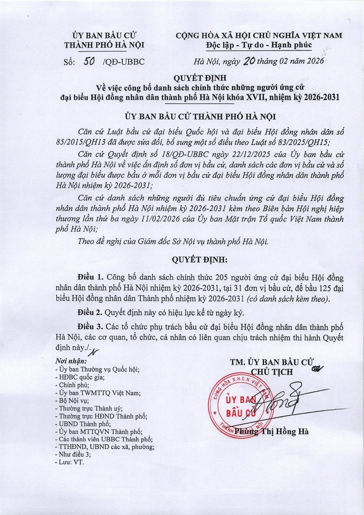 DANH SÁCH CHÍNH THỨC NHỮNG NGƯỜI ỨNG CỬ ĐẠI BIỂU HỘI ĐỒNG NHÂN DÂN THÀNH PHỐ HÀ NỘI KHÓA XVII, NHIỆM KỲ 2026-2031 TẠI ĐƠN VỊ BẦU CỬ SỐ 21 - Ảnh 1.