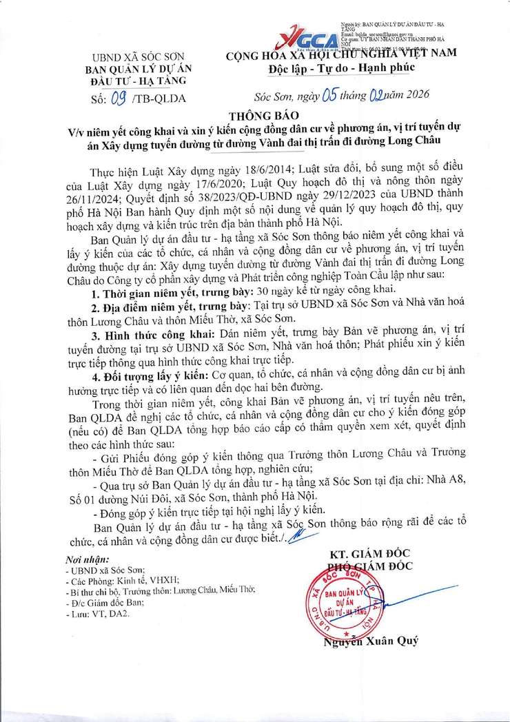 Thông báo niêm yết công khai và xin ý kiến về phương án, vị trí tuyến đường thuộc dự án Xây dựng tuyến đường từ đường Vành đai thị trấn đi đường Long Châu- Ảnh 1.