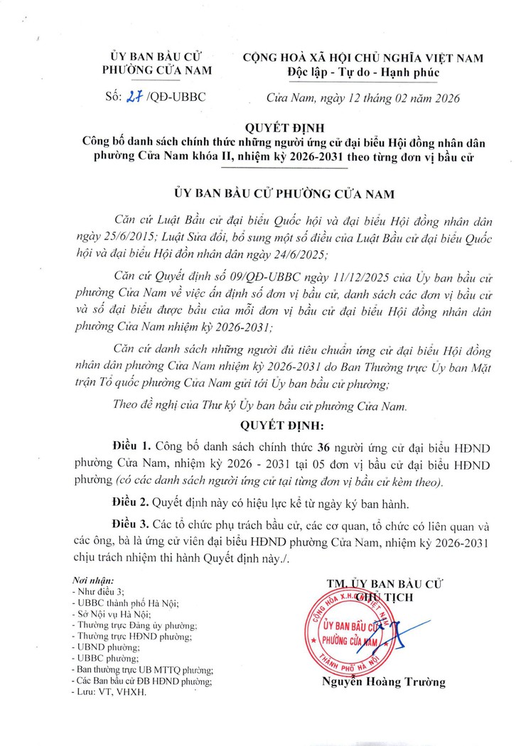 CÔNG BỐ DANH SÁCH CHÍNH THỨC NHỮNG NGƯỜI ỨNG CỬ ĐẠI BIỂU HĐND PHƯỜNG CỬA NAM KHÓA II, NHIỆM KỲ 2026–2031- Ảnh 1.