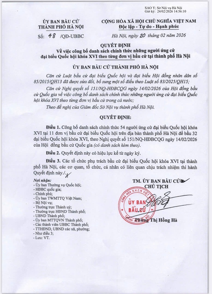 Quyết định về việc công bố danh sách chính thức những người ứng cử đại biểu Quốc hội khóa XVI theo từng đơn vị bầu cử tại thành phố Hà Nội- Ảnh 1.